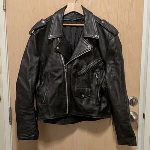 Vintage Black Leather Classic Motorcycle Jacket, Men's XL, Side Laces